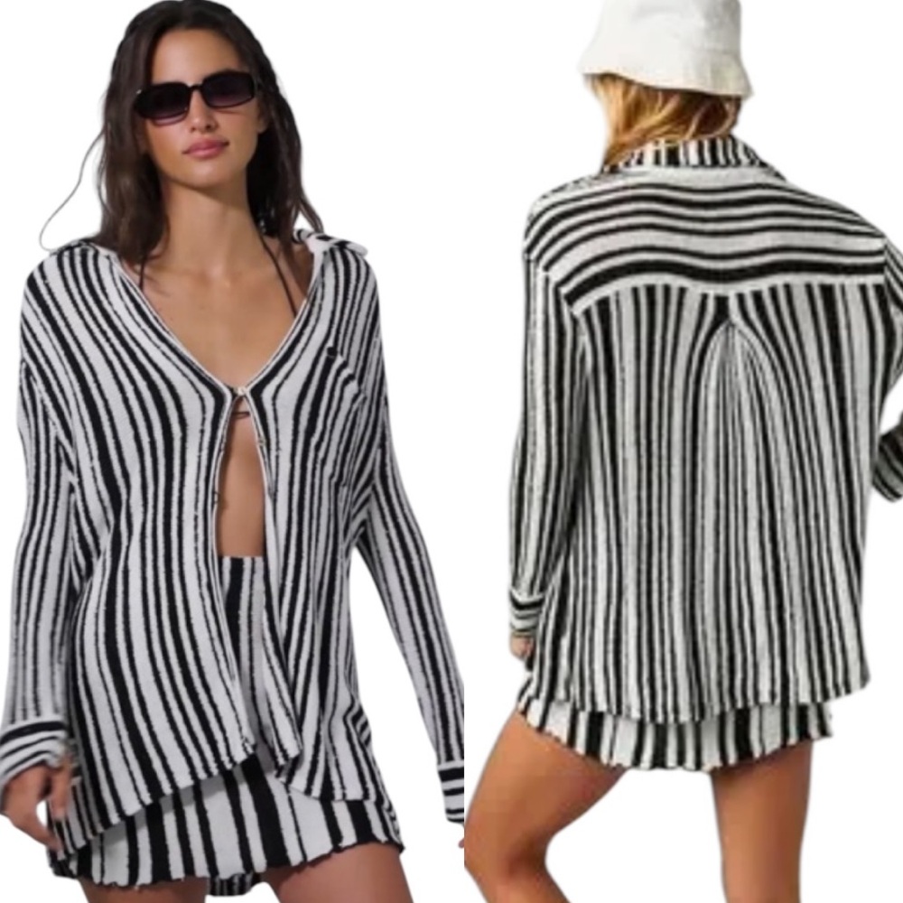 Free People Beach Bash Black & White Striped Sequin Knit Cardigan - S